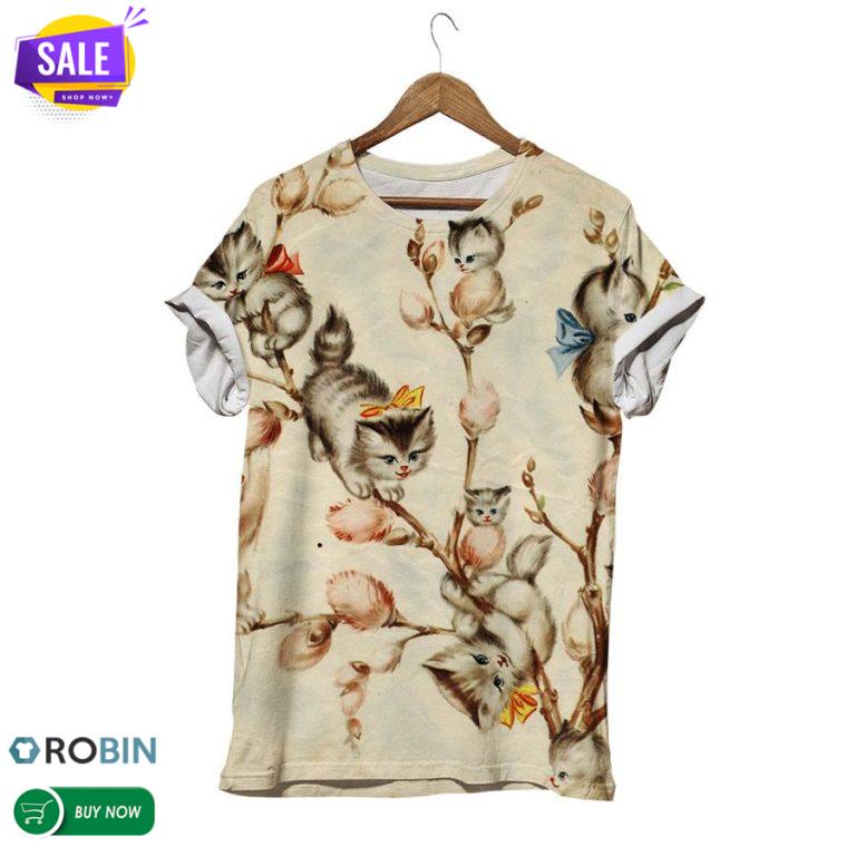 Kittens Playing With Tree  3D All Over Print T-Shirt