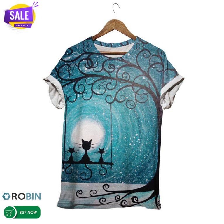 Cat Friends On Peaceful Night  3D All Over Print T-Shirt