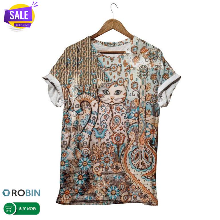 Creative Heaven Floral Cat With Guitar  3D All Over Print T-Shirt