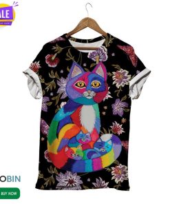 Colorful Cat Family Floral  3D All Over Print T-Shirt