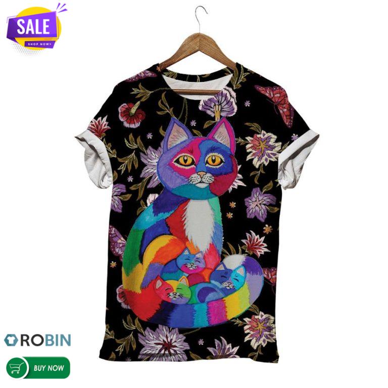 Colorful Cat Family Floral  3D All Over Print T-Shirt