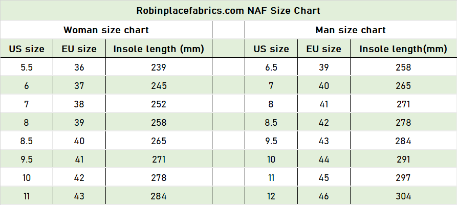 NAF Shoes Robin Size Chart
