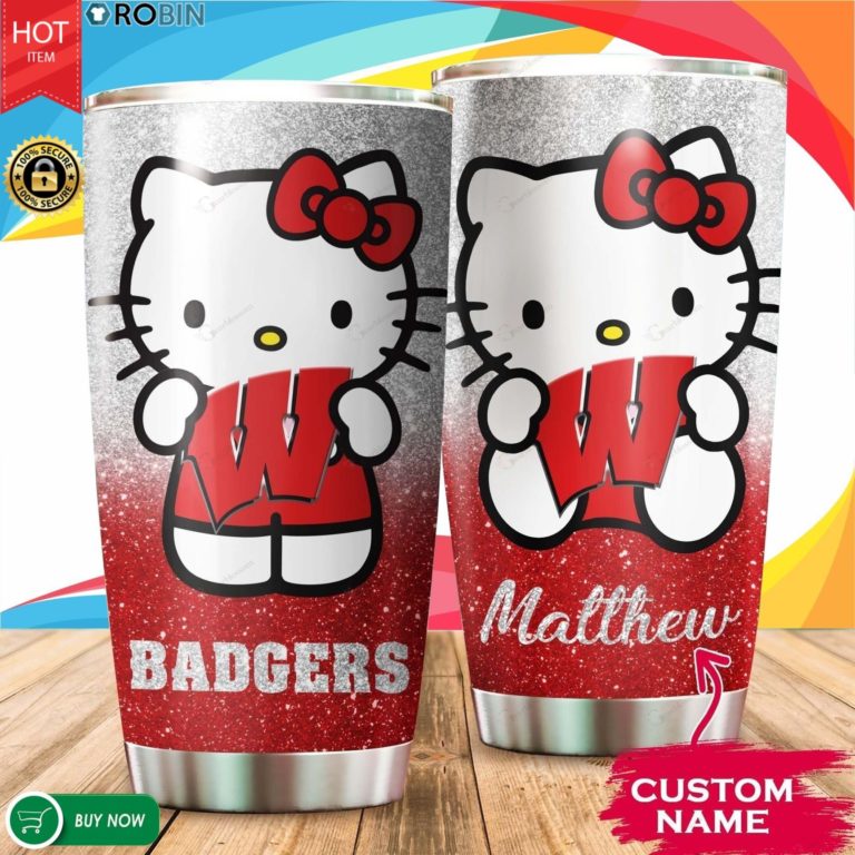 Personalized Hello Kitty Hug Wisconsin Badgers 20oz Tumbler