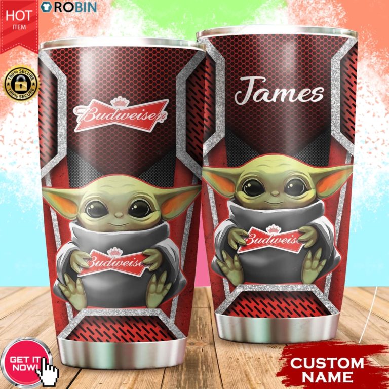 Personalized Name Baby Yoda Hug Budweiser 20oz Tumbler