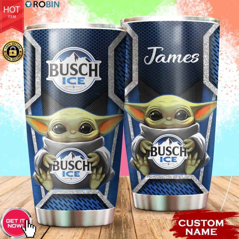 Personalized Name Baby Yoda Hug Busch Ice 20oz Tumbler