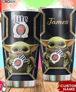 Personalized Name Baby Yoda Hug Miller Lite 20oz Tumbler