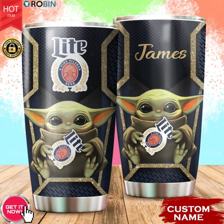 Personalized Name Baby Yoda Hug Miller Lite 20oz Tumbler