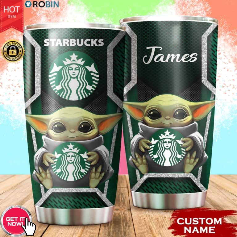 Personalized Name Baby Yoda Hug Star Bucks 20oz Tumbler