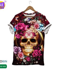 Golden Skull In Roses Face Mask 3D All Over Print T-Shirt