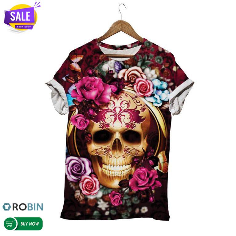 Golden Skull In Roses Face Mask 3D All Over Print T-Shirt