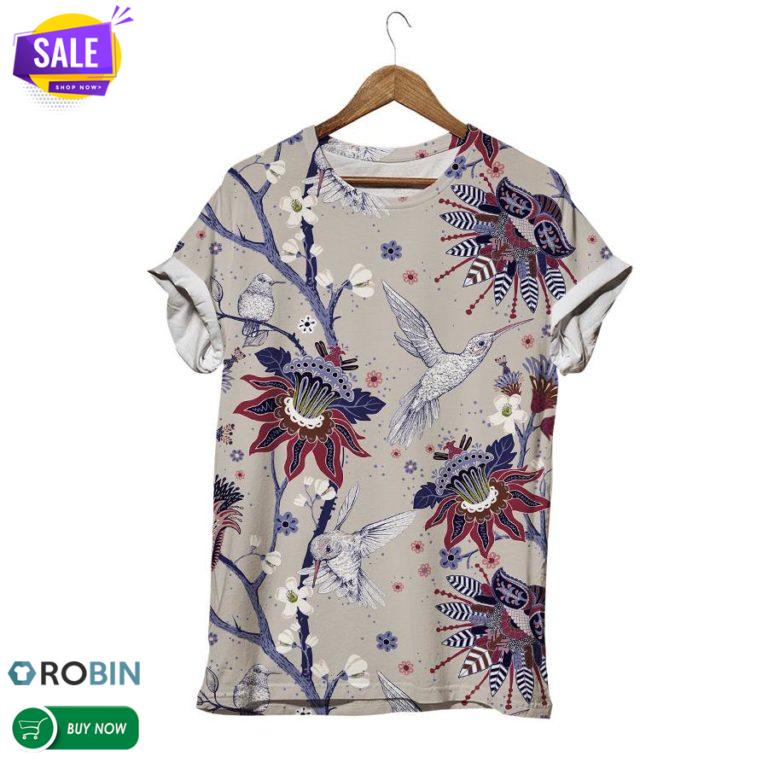 White Hummingbird With Wnter Flowers  3D All Over Print T-Shirt