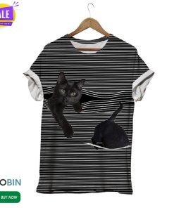 Hide And Seek Black Cat Stipped  3D All Over Print T-Shirt