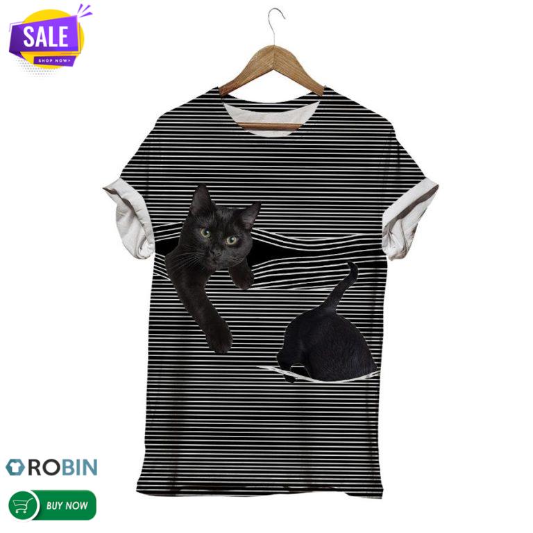 Hide And Seek Black Cat Stipped  3D All Over Print T-Shirt