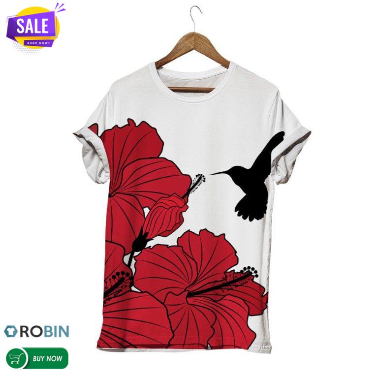 Hummingbird With Red Flowers  3D All Over Print T-Shirt