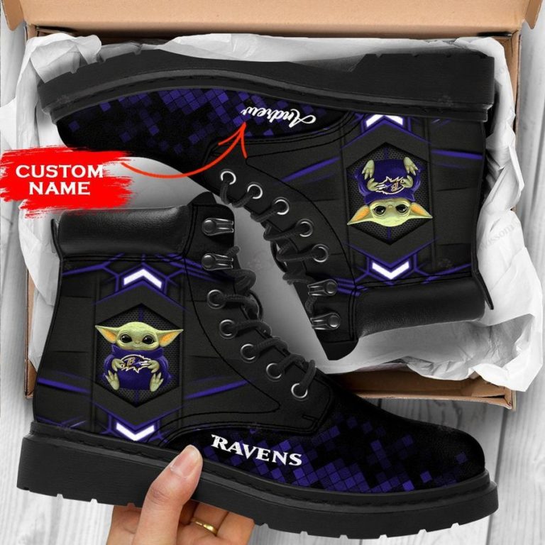 Baby Yoda Hug Baltimore Ravens Boot, Custom Timblerland Boots