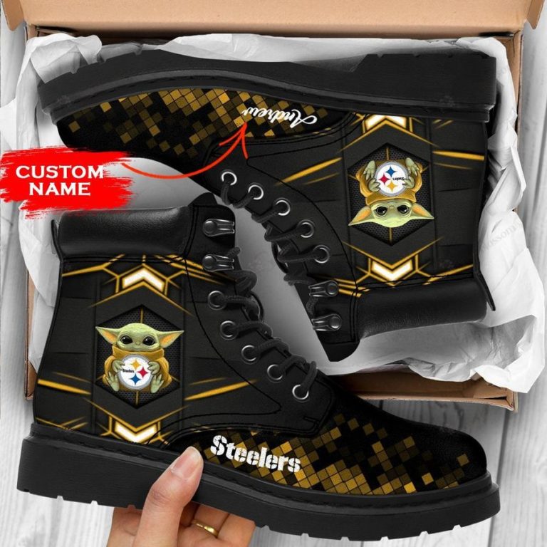 Personalized Baby Yoda Hug Pittsburgh Steelers Boot, Custom Timblerland Boots