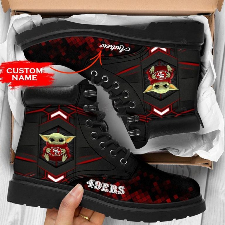 Personalized Baby Yoda Hug San Francisco 49ers Boot, Custom Timblerland Boots