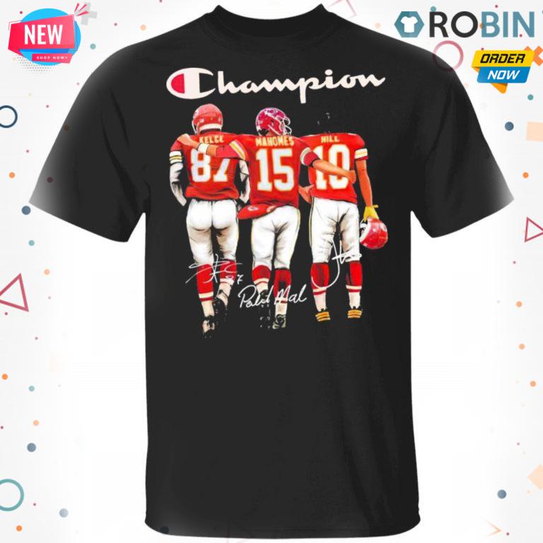 Travis Kelce Patrick Mahomes and Tyreek Hill Mvp Champions signatures T-shirt – Hoodie – Ls