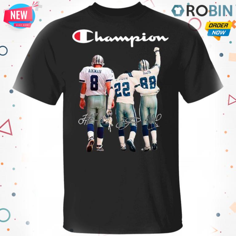 Troy Aikman 8 Emmitt Smith 22 and Michael Irvin 88 Dallas Cowboys Champion 2020 Signatures T-shirt – Hoodie – Ls