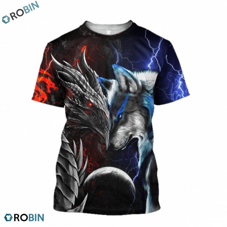 Dragon and wolf 3d all over print hoodie and t shirt