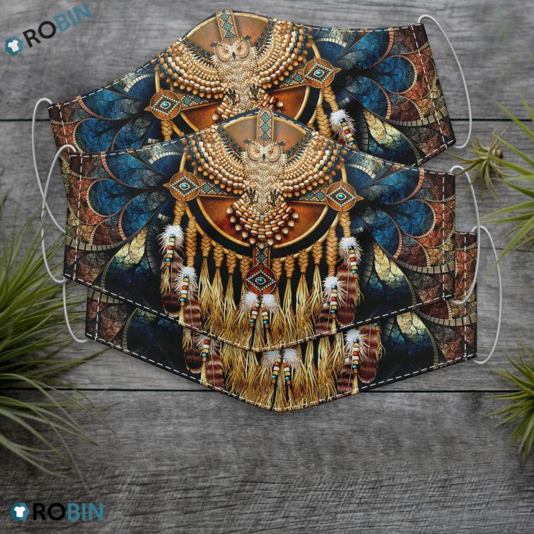 Native American Beadwork Owl Mandala Face Mask with Filter Sheet