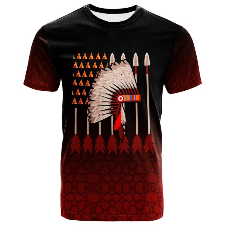 Native American – Traditional Headdress and Arrows Black Red Color 3D All Over Print T-Shirt