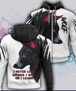 wolf i never lose either i win or i learn 3d all over printed zip hoodie