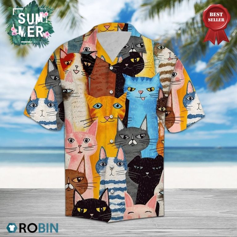 Colorful Cats Art Aloha Shirts, Button-up T-shirt