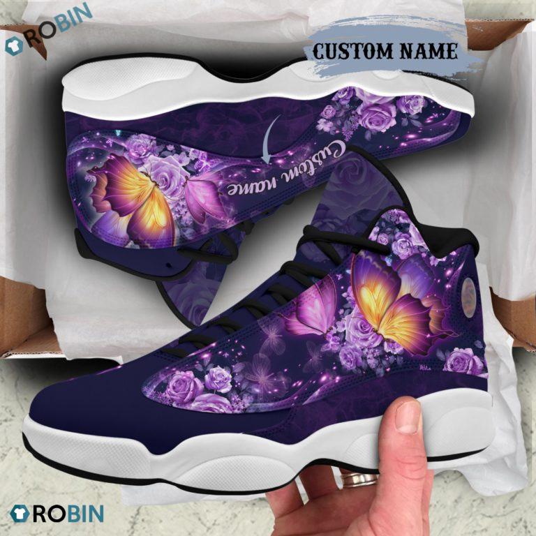 Personalized Purple Rose And Butterfly Air Jordan 13 Shoes