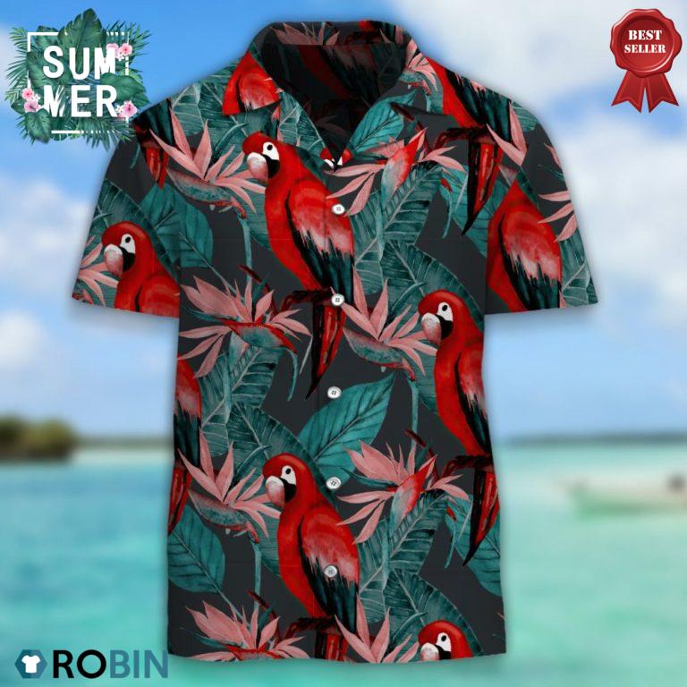 Red Macaw Parrot And Tropical Flowers Hawaiian Shirt