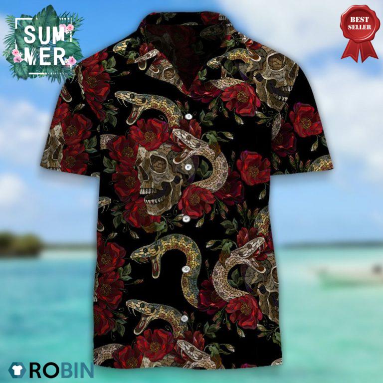 Dark Skull, Snake And Roses Hawaiian Shirt