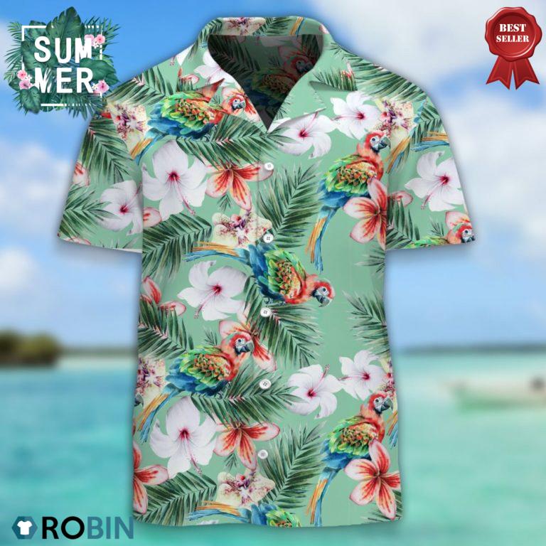 Watercolor Parrots and Hibiscus, Palm Hawaiian Shirt