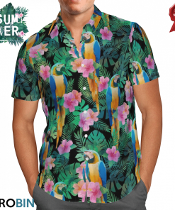 Parrot Ara With Hibiscus And Palm Leaves Hawaiian Shirt