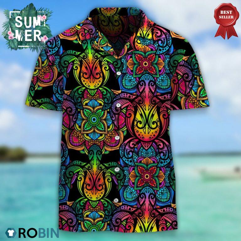 Sea Turtle In Multicolor Boho Hawaiian Shirt