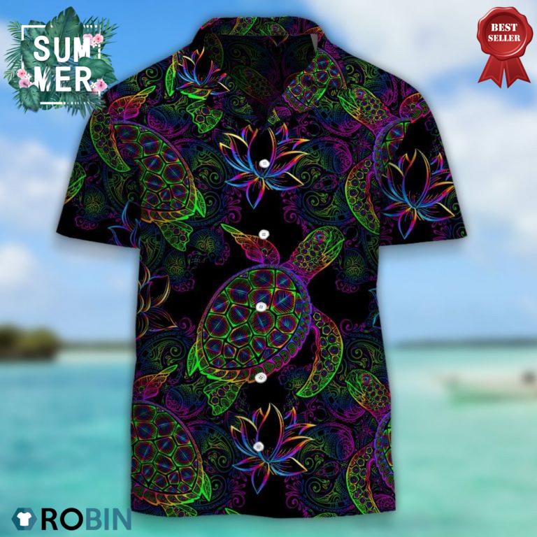 Sea Turtle In Psychedelic Multicolor Hawaiian Shirt