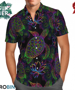 Sea Turtle In Psychedelic Multicolor Hawaiian Shirt