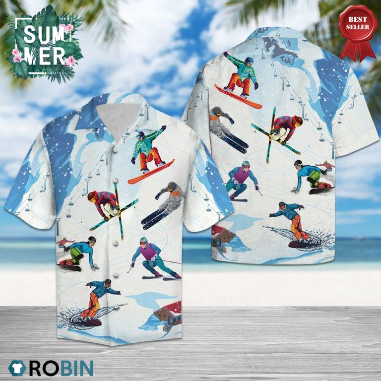Skiing Button-up T-Shirt, Skiing Aloha Shirt