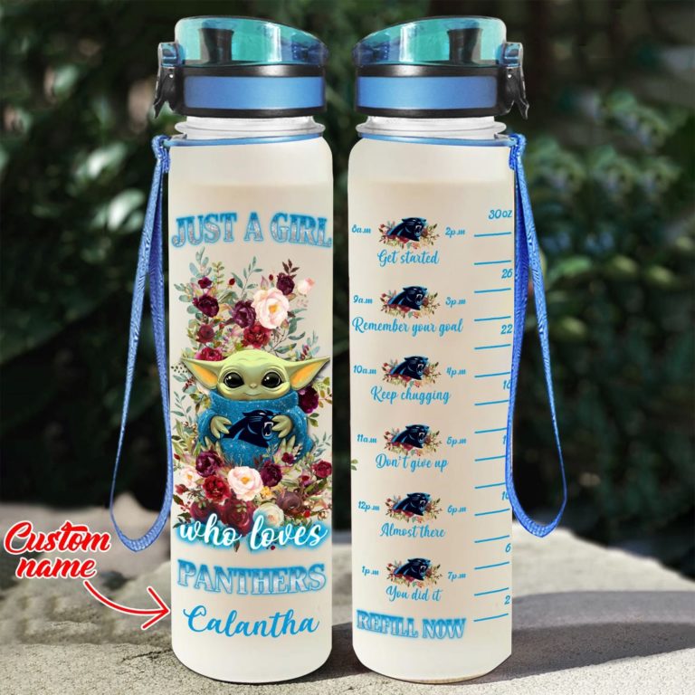 Baby Yoda Hug Carolina Panthers Water Tracker Bottle