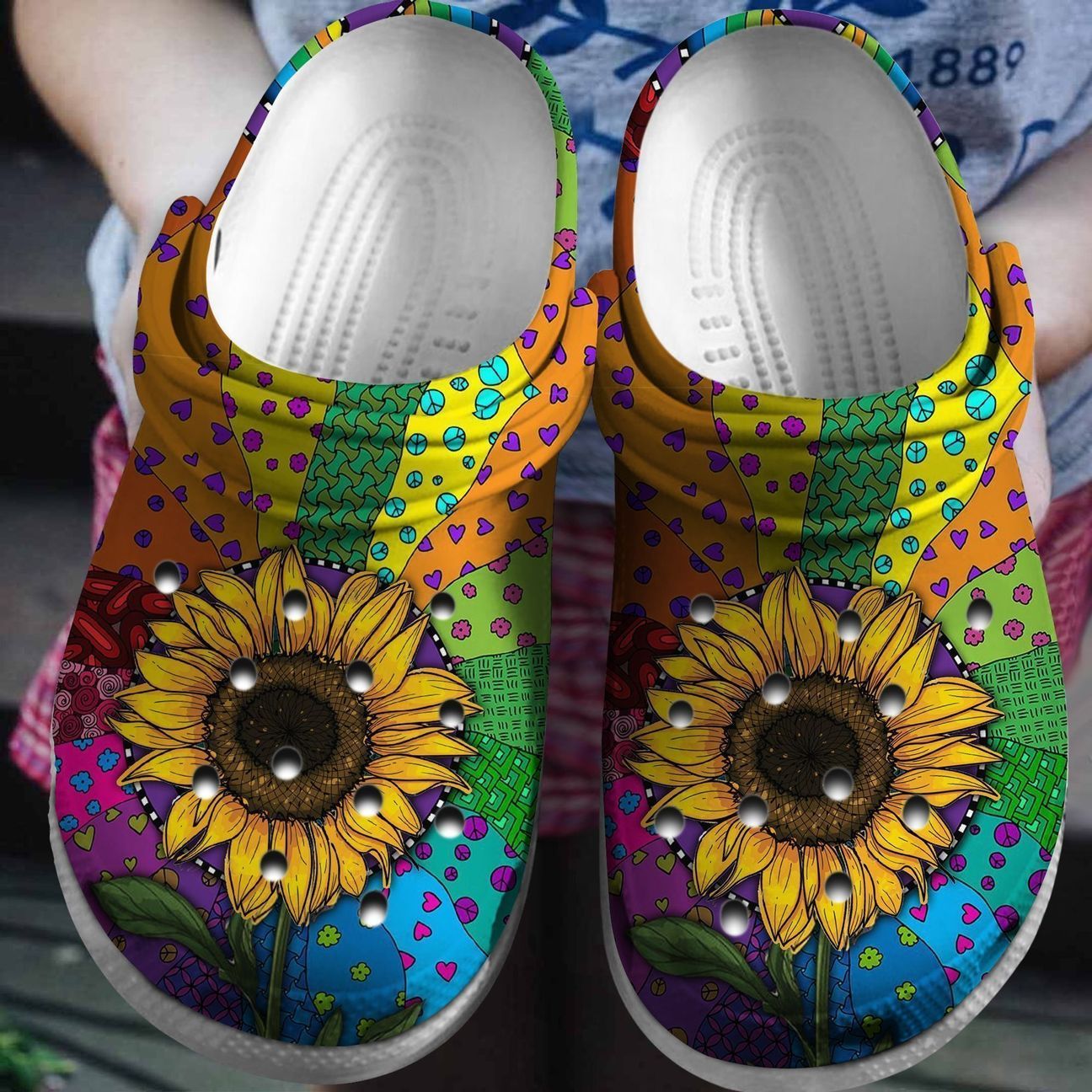 Hippie Sunflower Colorful Crocs Crocbland Lined Clog - RobinPlaceFabrics
