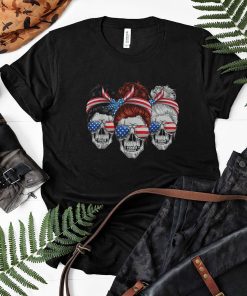 American Women USA Flag Messy Bun Skull Mom 4th Of July Shirt