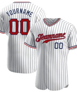 Personalized White Navy Strip Red Baseball Jersey