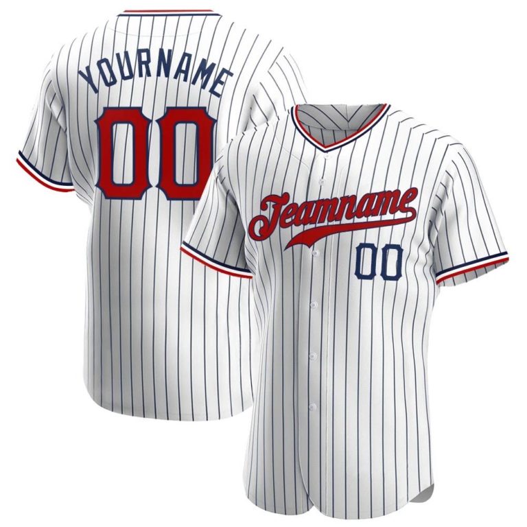 Personalized White Navy Strip Red Baseball Jersey