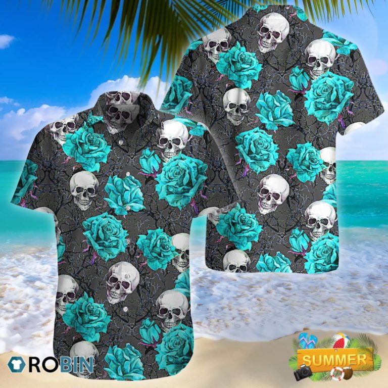 Turquoise Rose Skull Hawaii Shirt, Aloha Shirt