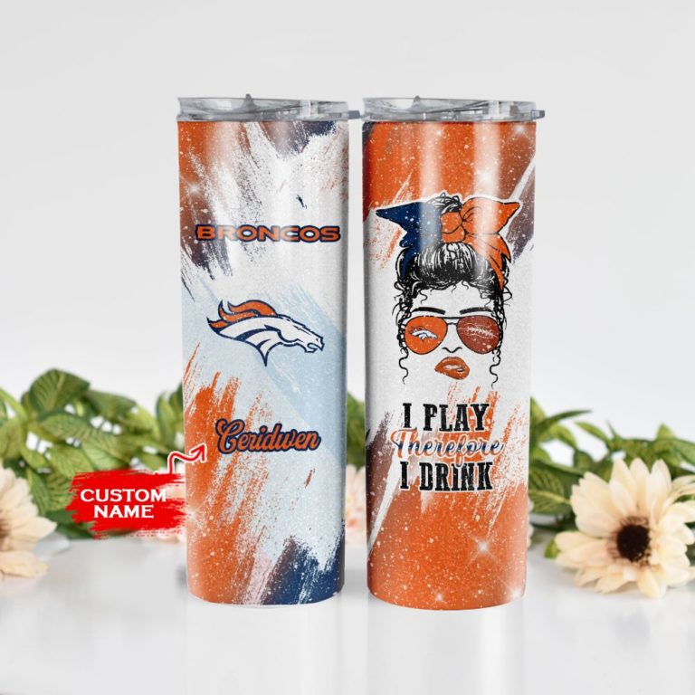 Girl With Denver Broncos Custom Name Stainless Steel Skinny Tumbler