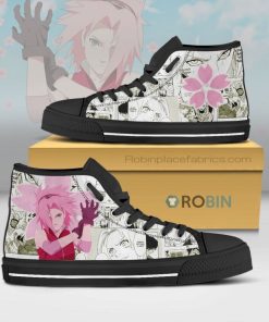 Sakura Naruto Anime Mixed Manga Style High Top Canvas Shoes