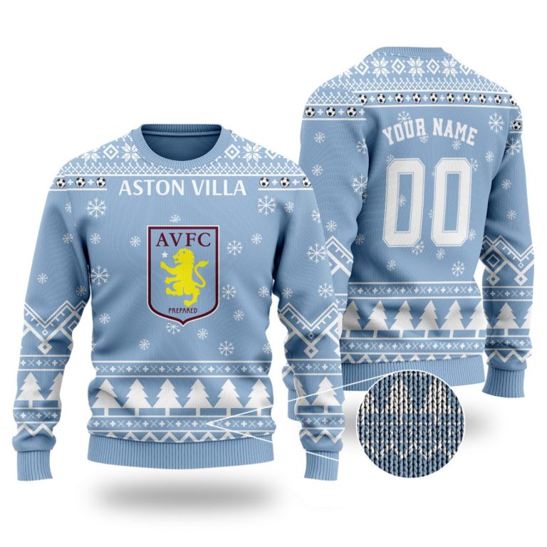 Aston Villa Custom Name And Number Ugly Christmas Sweater