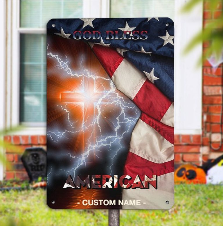 Customized Name Jesus Cross God Bless American Metal Sign & Metal Garden Sign