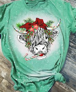 Christmas Highland Cow 3D Print Bleached T-Shirt