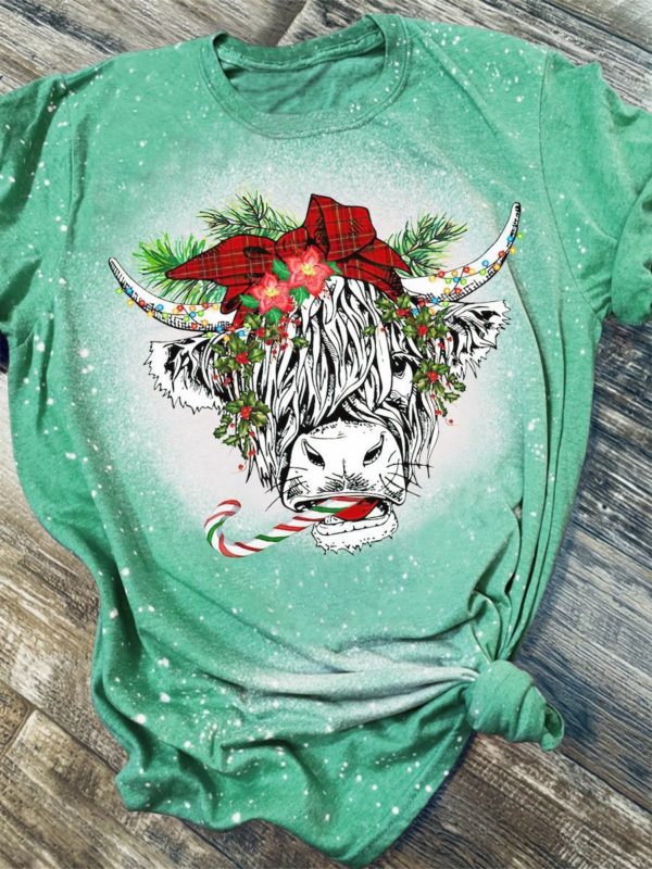 Christmas Highland Cow 3D Print Bleached T-Shirt