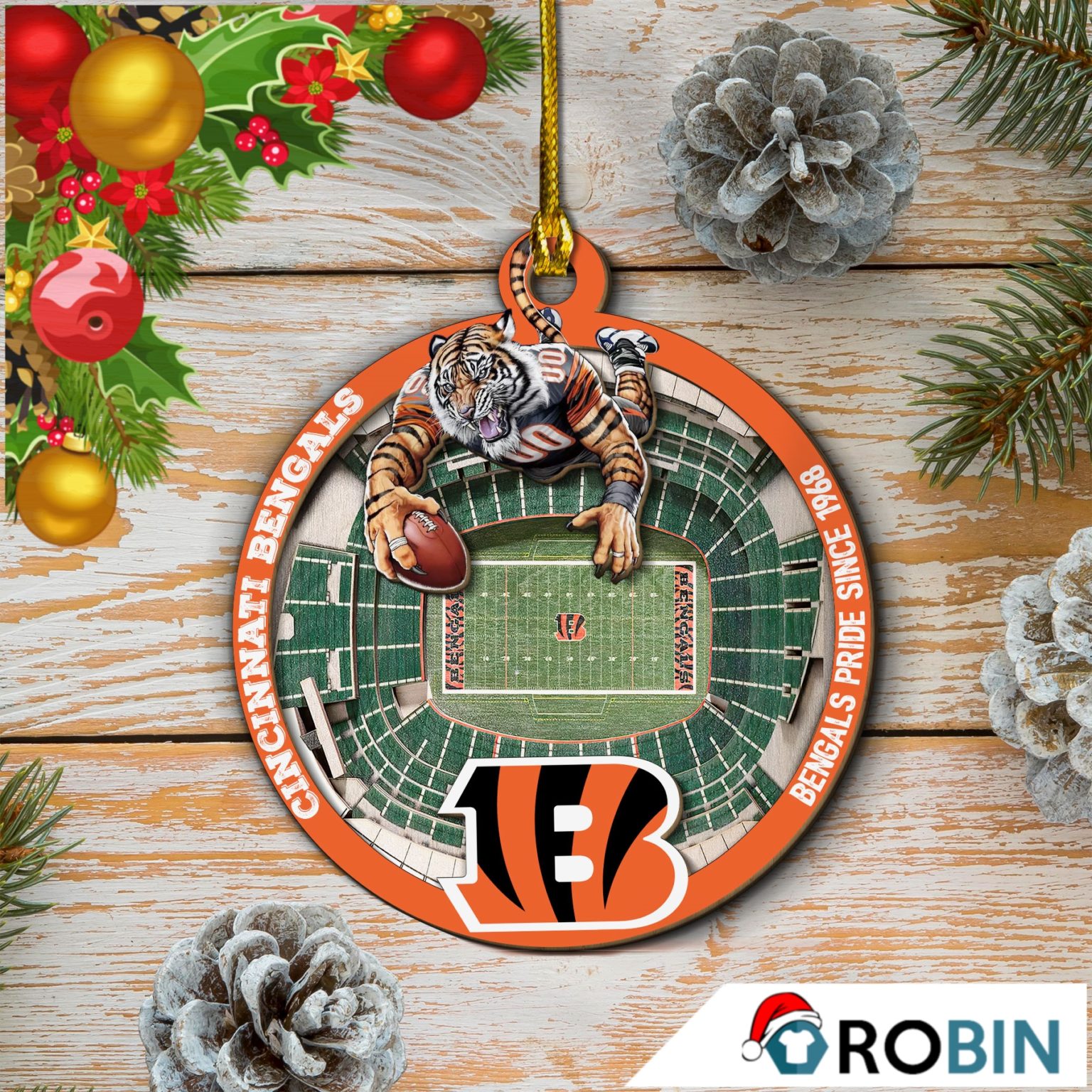 Cincinnati Bengals Mascot 2 Layered Wood Christmas Ornament